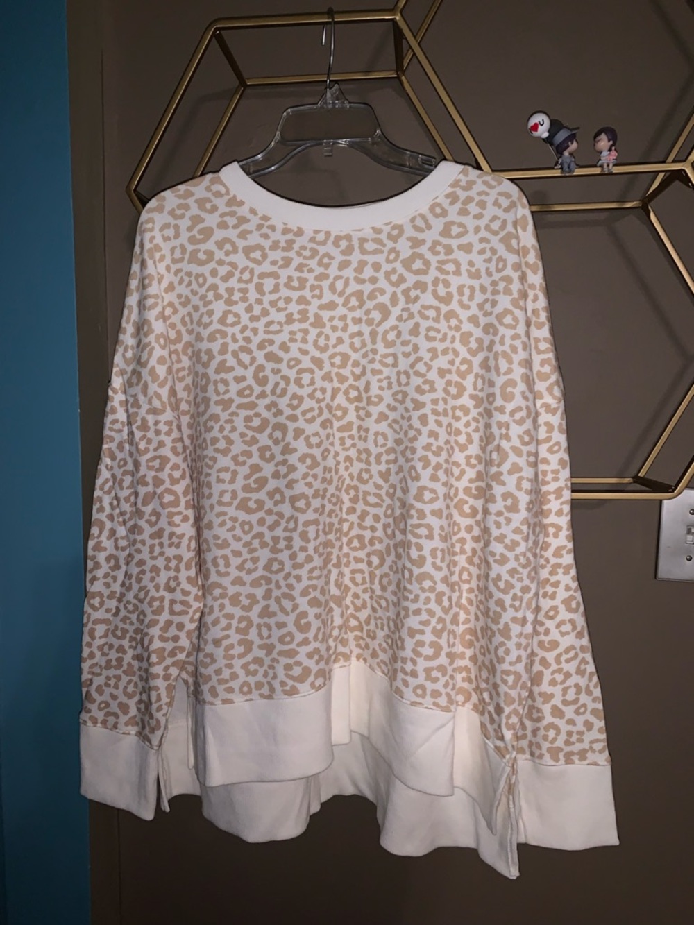 Time and Tru Cream and Tan Leopard Print Pullover